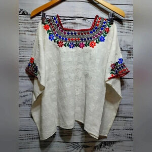 Mexican Embroidered Huipil Style Blouse – Handwoven Cotton Boho Top Frida